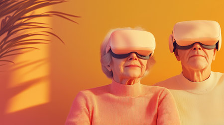 Elderly couple immersed in virtual reality, wearing VR headsets, with a vibrant orange background and warm sunlight. Generative AI photo.の写真素材