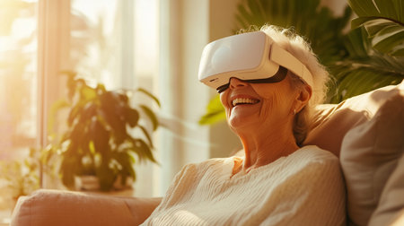 An elderly woman enjoying virtual reality with a joyful smile, surrounded by warm light and greenery, illustrating modern technology for seniors. Generative AI photo.の写真素材