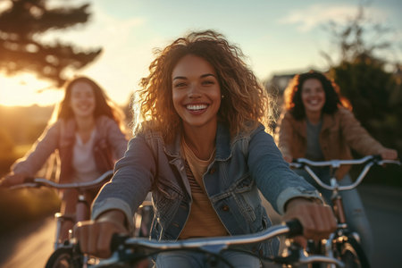 A group of friends riding bicycles at sunset, radiating joy and connection. The scene captures authentic happiness, carefree moments, and the beauty of simplicity surrounded by nature. AI-generated.の素材