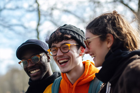 Friends of diverse backgrounds laughing together in an outdoor setting, radiating joy and warmth. The scene highlights authentic human connection, simplicity, and the beauty of shared experiences. AI-generated.の素材