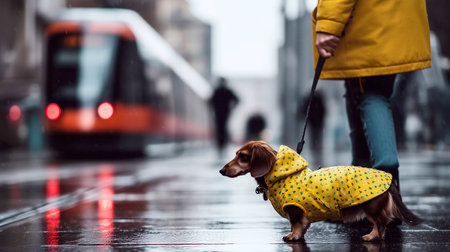 Dachshund in cute yellow raincoat walks on wet city street with owner on a rainy day, showcasing stylish and functional pet clothing for all-weather conditions. Generative AI.の素材
