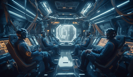 Spaceship crew working in a space station. 3D renderingの素材