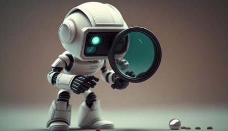 Mini robot with a magnifying glass searching for something. Based on Generative Ai.の素材