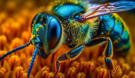 An Close-up of a honey bee collecting pollen from a flower. Based on Generative Ai.の素材