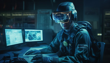 Science workers working on computers wearing vr devicesの素材