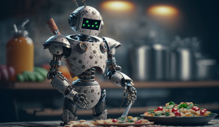 Robot chef who is preparing food in the kitchen. Based on Generative Ai.の素材