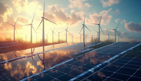 Solar panels with windmills on the expanse of fields. Based on Generative Ai.の素材