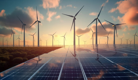 Solar panels with windmills on the expanse of fields. Based on Generative Ai.の素材