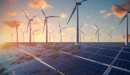 Solar panels with windmills on the expanse of fields. Based on Generative Ai.の素材