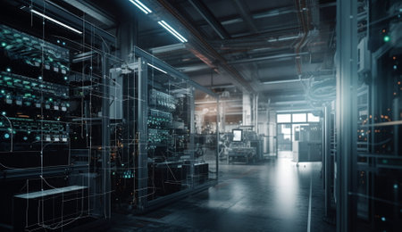 Industrial workshop with futuristic technology on machine. Based on Generative Ai.の素材