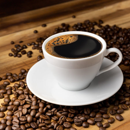 White cup of hot coffee with saucer on pile of coffee beans on wooden background,fresh and energy...