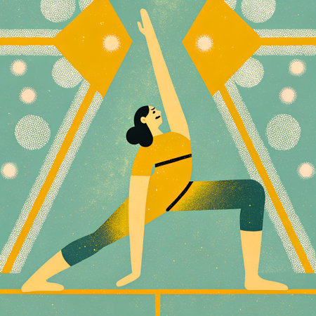 Flat style vector of a woman performing a yoga pose with pastel abstract background. Great for health, wellness, and fitness themes.の素材