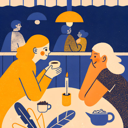 Two people enjoying a peaceful conversation over coffee at a cozy cafÃ©. Warm natural light and relaxed atmosphere highlight friendship, connection, and calm dialogue.の素材