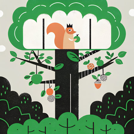 A whimsical woodland illustration of a squirrel king preparing a fruit festival in his tree castle. A playful scene filled with forest charm, royalty, and celebration.の素材
