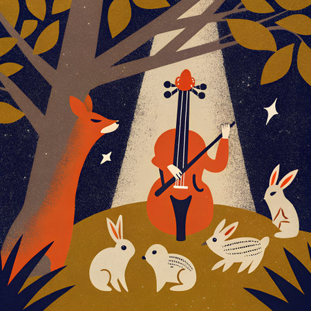 A magical fantasy illustration of a singing violin enchanting forest animals. This whimsical scene blends music and nature, capturing harmony, wonder,の素材
