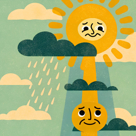 An expressive illustration showing a face transitioning from sadness to happiness, with a grainy gradient effect. A conceptual emotional shift artwork symbolizing growth, healing,の素材