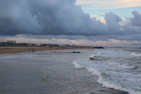 Empty tropical beach background. Horizon with sky and white sand
