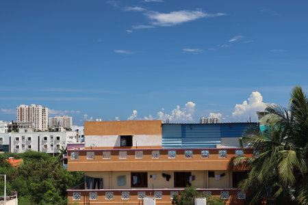 chennai City skyline with urban skyscrapers at sunset, India.white cloud background and texture.Blue sky background with cloudsの写真素材