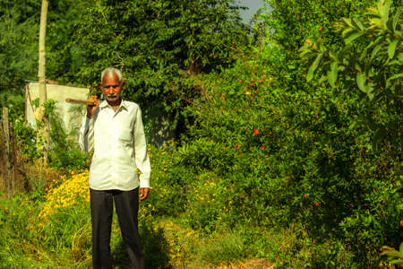 A Indian farmer walking in a green garden with a shovel, Study of farming, agriculture and horticultureの写真素材