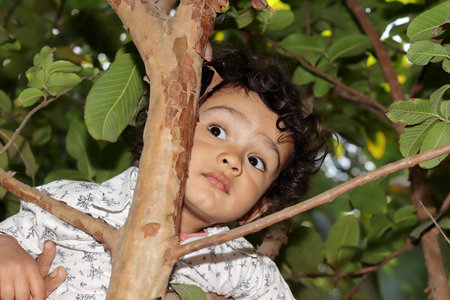 close-up portrait of A beautiful cute face Indian little boy posing behind a guava tree