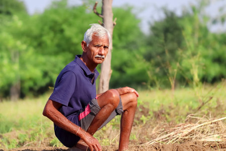 Close-up photo of An Indian Aged man farmer sitting in the field looking at the camera, Indiaの写真素材