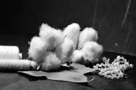 sewing threads and cotton on black backgroundの写真素材