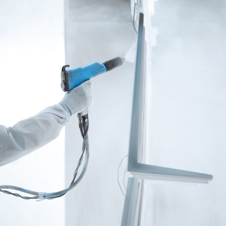 Hand of a worker in a protective work wear holding powder coating sprayer in a metal producing...