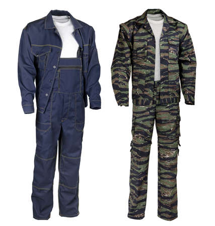 Male work wear - blue and camouflage suitsの写真素材