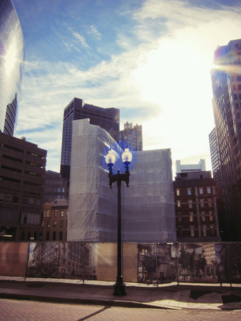 Street lamp in Boston near constructionの素材