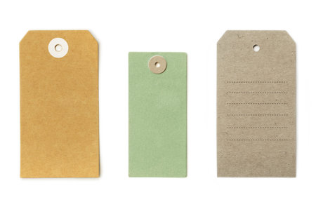 Set of textured grungy recycled paper tags of various shapes, isolated on white background, highly detailedの写真素材