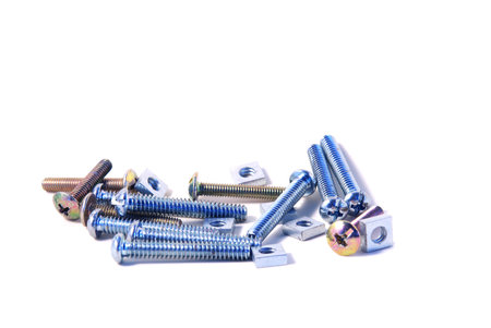 Set of multi sizes machine screws with square nuts isolated on white background