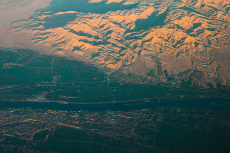 Aerial view of Egypt desert  Desert and Nile river view from the skyの写真素材