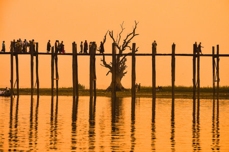 Sunset in U Bein bridge, Myanmar  U Bein bridge is longest teak bridge in the world  のeditorial素材