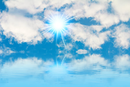 Peaceful background - bright sun, blue sky, white clouds - heaven の写真素材