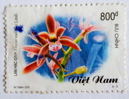 VIETNAM - CIRCA 2001: A stamp printed in Vietnam shows orchid, circa 2001のeditorial素材