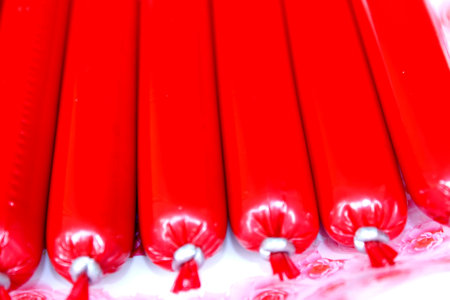 red sausage in pink plateの写真素材