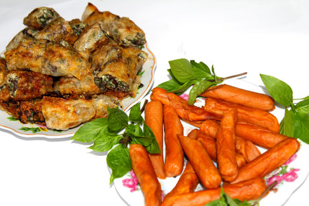 sausage in pink plateの写真素材