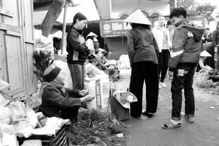HAI DUONG, VIETNAM, APRIL, 10: Asian woman selling aromatic vegetables in the market on April, 10  in Hai Duong, Vietnam. のeditorial素材