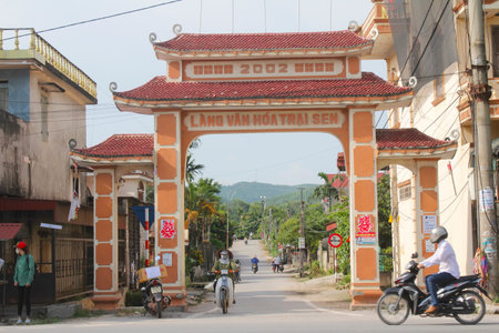 HAI DUONG, VIETNAM, JULY 30: Gate in vietnamese rural village on july, 30, 2014 in Hai Duong, Vietnam. This is special characteristics of rural Vietnamのeditorial素材