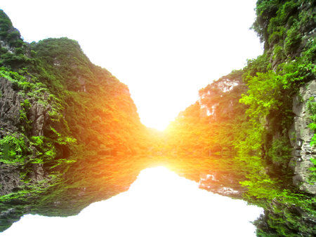 Landscape with moutain and river, Trang An, Ninh Binh, Vietnam の写真素材
