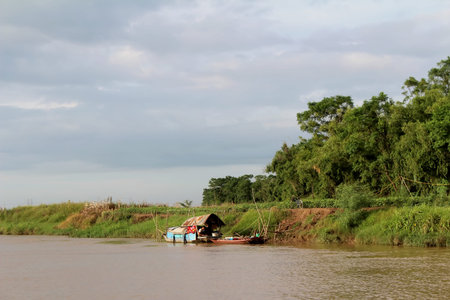fishing boats on the riverの写真素材