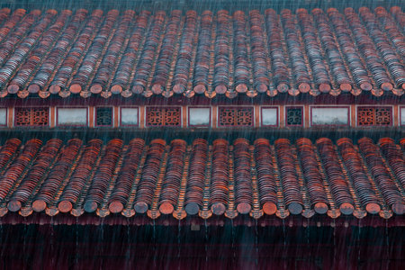 The roof of the Temple of Heaven in Hue Vietnamの写真素材