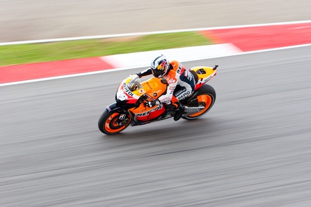 SEPANG, MALAYSIA - OCT 21: Respol Honda  MotoGP rider Dani Pedrosa during a free practice session on October 21, 2011 at Sepang, Malaysia. The Malaysian Grand Prix will take place on Oct 23.のeditorial素材