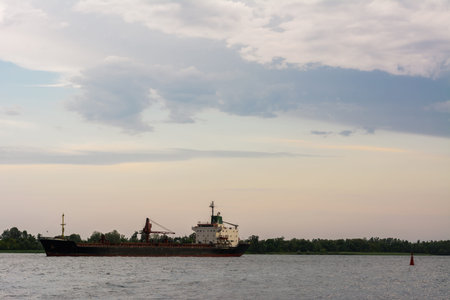 Ship on the water before the stormの写真素材