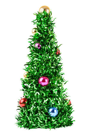 Christmas tree with decorations isolated on white background, green and brightの写真素材