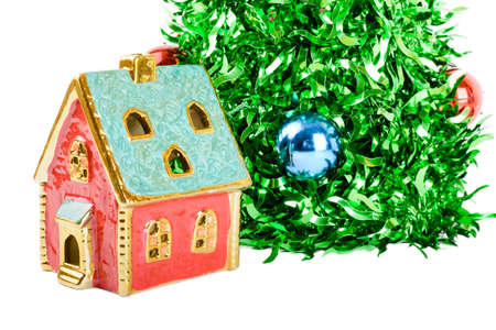 Christmas tree with decorations isolated on white background, green and brightの写真素材