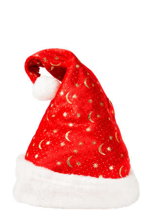 Christmas red hat with white fur, isolated on a white backgroundの写真素材