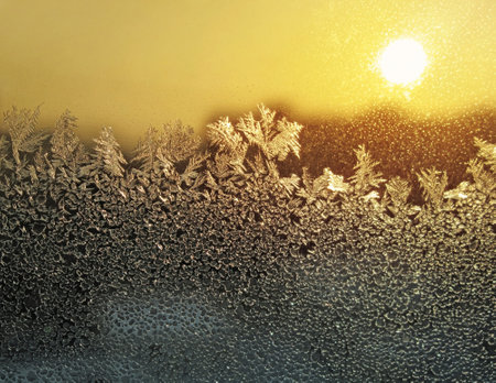 Ice natural pattern and sun on winter windowの写真素材