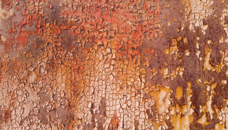 Rusty metal wall texture with peeling paint and scratches, close-up grunge backgroundの写真素材