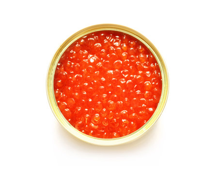 red caviar in the open metal container isolated on whiteの写真素材